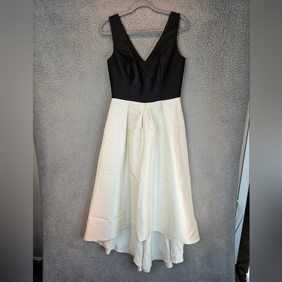 Alfred Sung Dress Womens Sz 10 Black & Ivory Satin Hi-lo Hem Pockets Formal - Picture 2 of 12